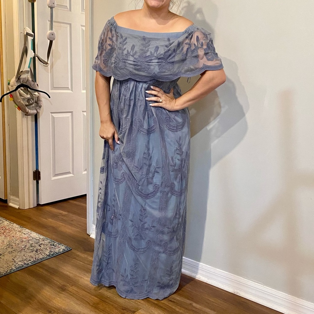 PinkBlush blue off the shoulder lace maxi dress